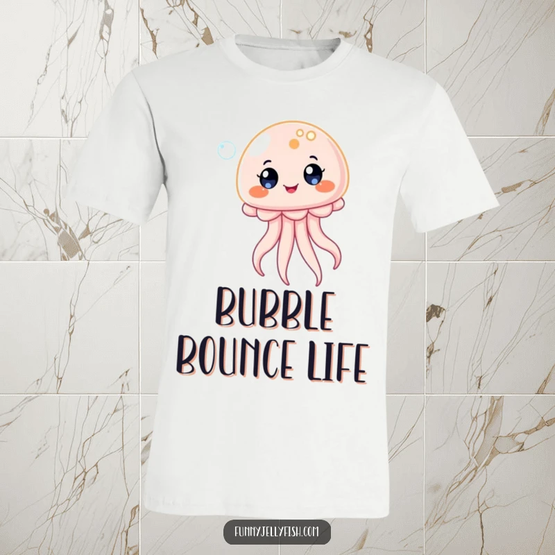 Funny Kawaii Jellyfish T-Shirt, illustrating a creature bouncing on a bubble with ecstatic eyes, conveying pure delight and playful energy.