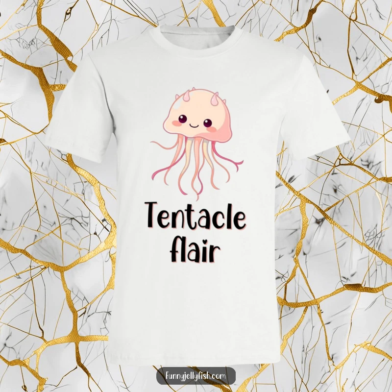 Funny Kawaii Jellyfish T-Shirt, depicted as a dancer with wiggling tentacles, radiating playful energy and a sense of lighthearted fun.