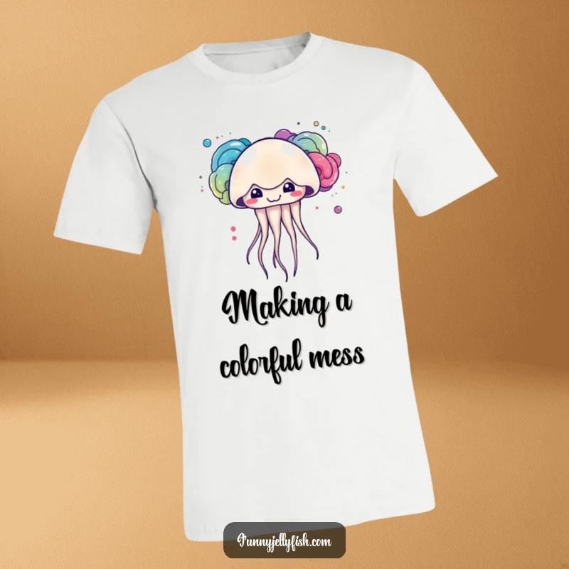Funny kawaii jellyfish with a mischievous grin creating colorful ink clouds on this expressive and cute t-shirt.