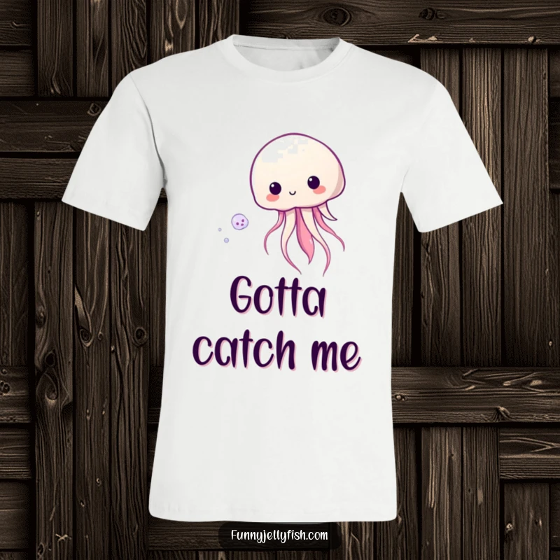 Funny Kawaii Jellyfish T-Shirt depicting a cute jellyfish playfully hunting a shimmering plankton, capturing underwater movement.