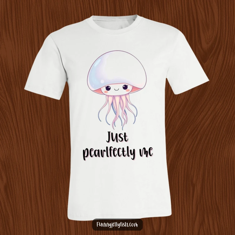 Funny kawaii jellyfish peeking out from behind a large, lustrous pearl, this t-shirt showcases charming ocean-themed humor.