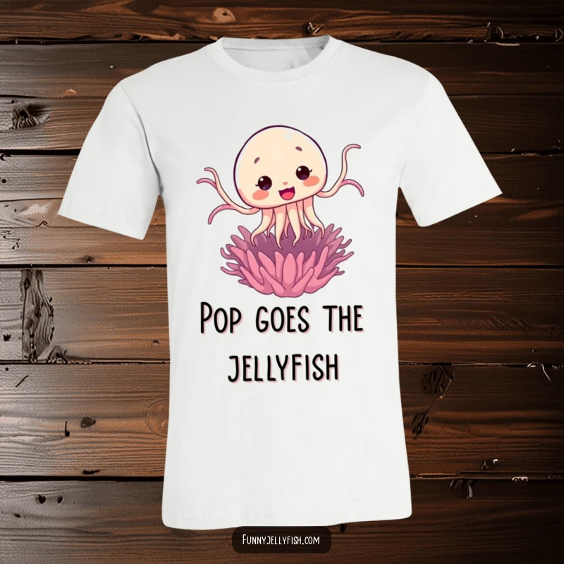 Funny Kawaii Jellyfish Jump T-Shirt depicting a cute sea creature comically springing from a hidden anemone, full of surprise.