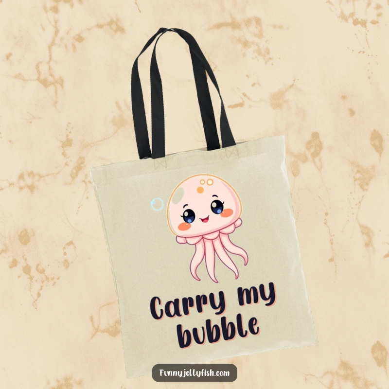 Funny Kawaii Jellyfish Tote Bag, depicting a creature bouncing on a bubble with delighted eyes, ideal for carrying essentials with playful, humorous flair.