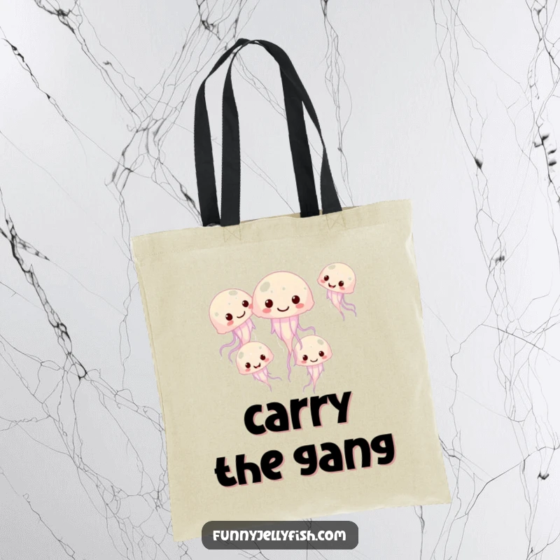 Funny tote bag showcasing a group of small, giggling jellyfish swimming in a playful circle, perfect for beach days or errands.