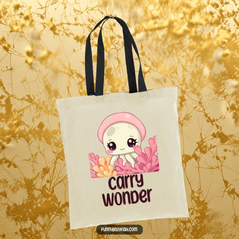 Funny Tote Bag showing a Curious Jellyfish with Large, Sparkling Eyes Peeking from Behind Coral