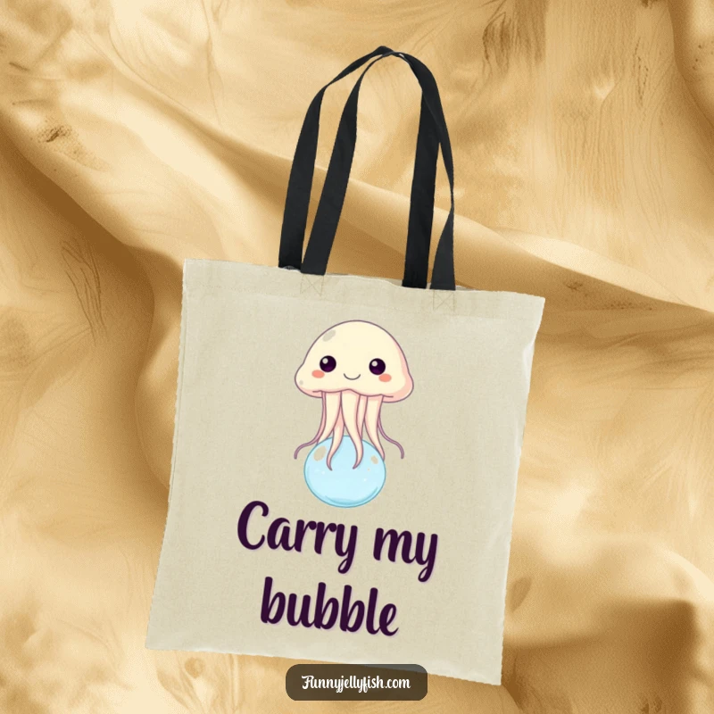 Funny tote bag featuring a jubilant jellyfish mid-bounce on a small, iridescent water bubble, perfect for beach trips or grocery runs.