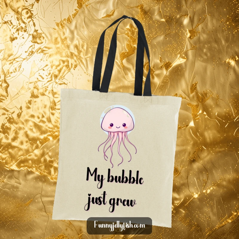 Funny kawaii jellyfish with trailing, wiggly tentacles floating inside a bubble on this spacious and stylish tote bag.