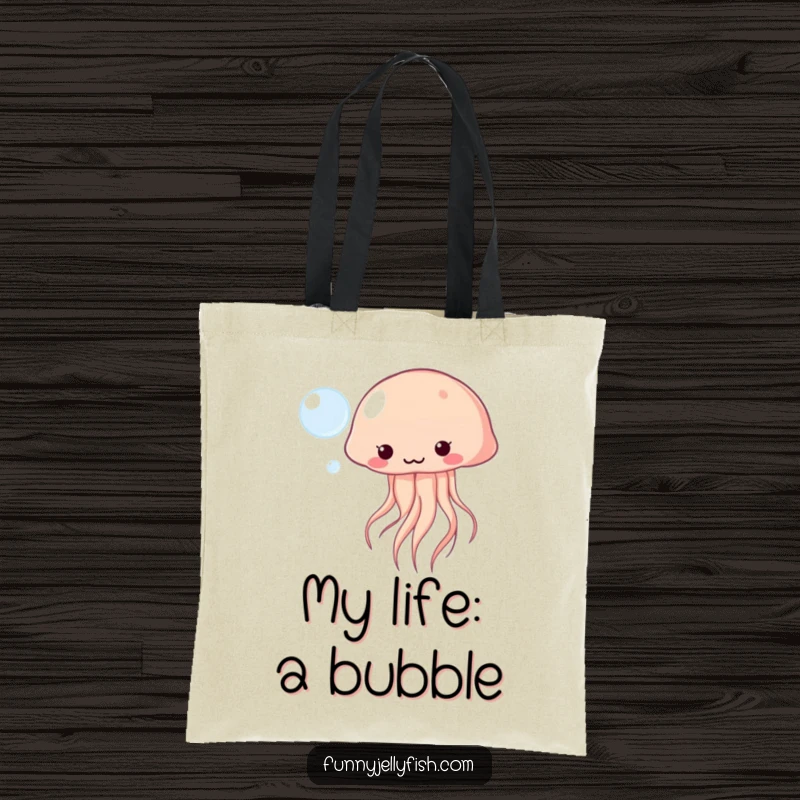 Funny Kawaii Jellyfish Tote Bag playfully bopping a floating bubble, perfect for everyday use with cute ocean humor.