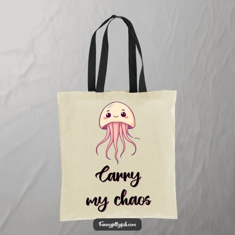 Funny Kawaii Jellyfish Tote Bag, depicting a jellyfish floating upside down with a happy, surprised expression, ideal for stylish and humorous carrying.