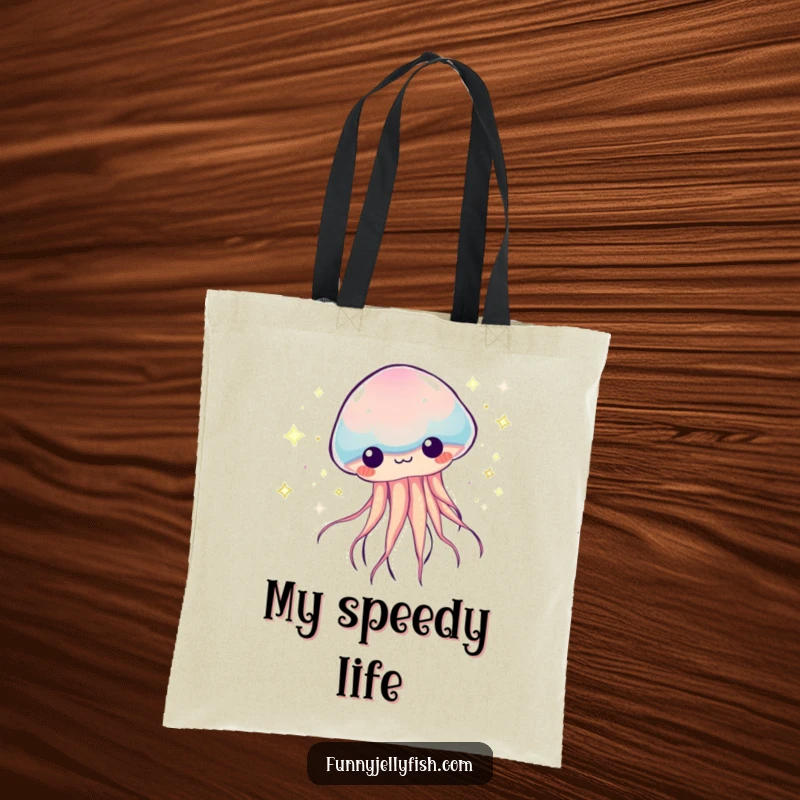 Funny Kawaii Jellyfish Tote Bag, depicting a creature zooming with sparkly, colorful trails, ideal for carrying essentials with vibrant, humorous energy.
